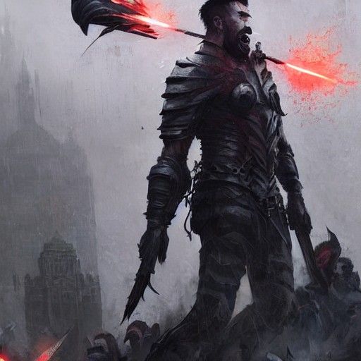 urban warrior man screaming hate at city red sinister by Gre...