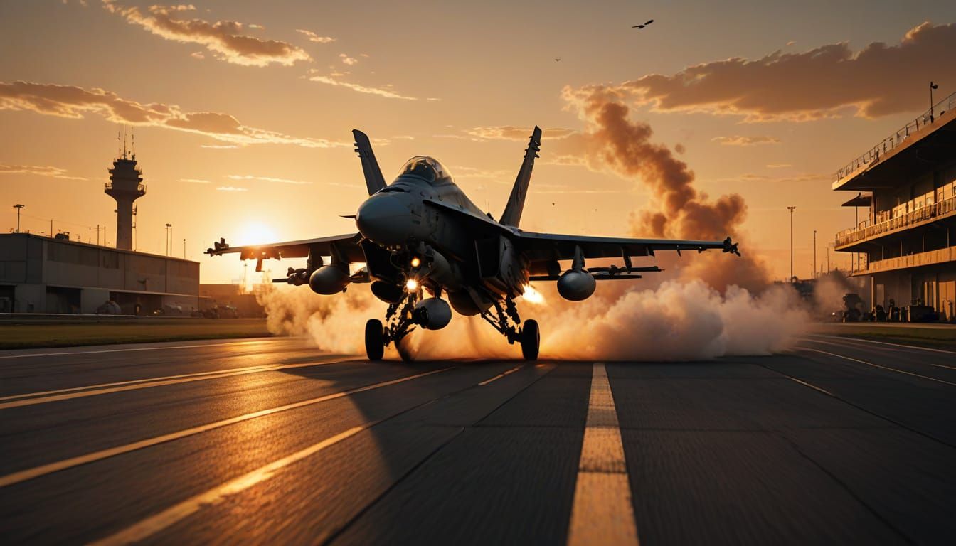 F/A-18 Hornet full afterburner taking off from runway at sunset. Control tower and airfield ...  by @Phil Anderer