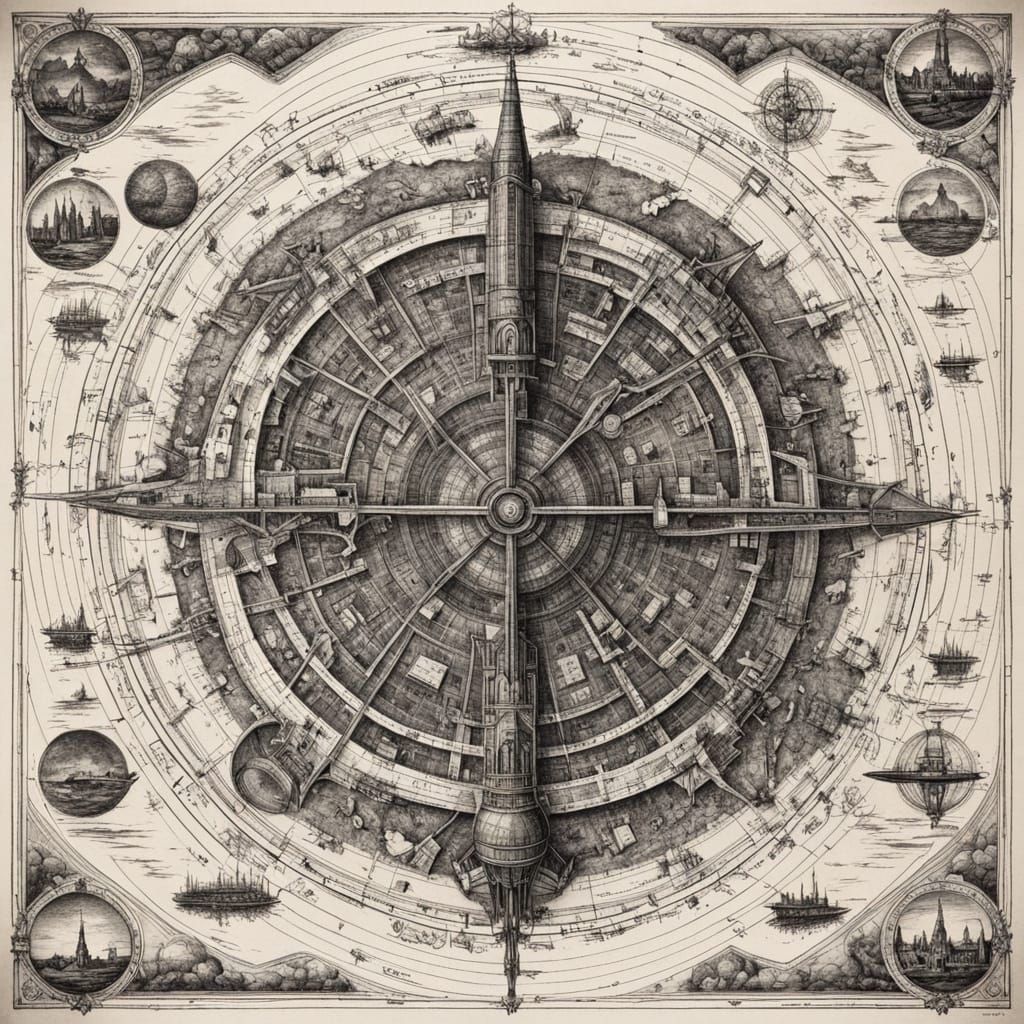 imagine a meticulously crafted map of a rocket ship launch site, drawn in the style of the 14th century, with intricate details and historic...