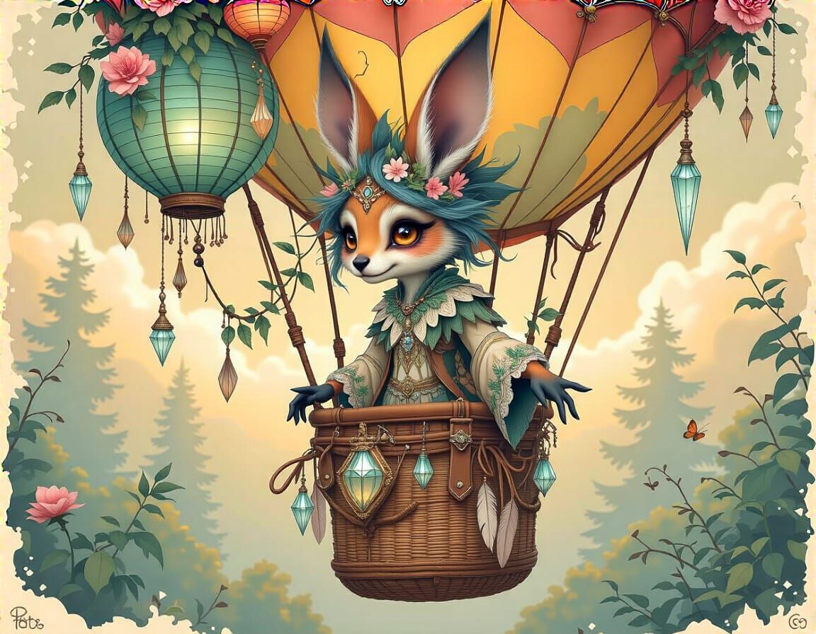 Woodland creature fae, draped in flowing, embroidered garments, standing in a vibrant hot air balloon with leather strap...