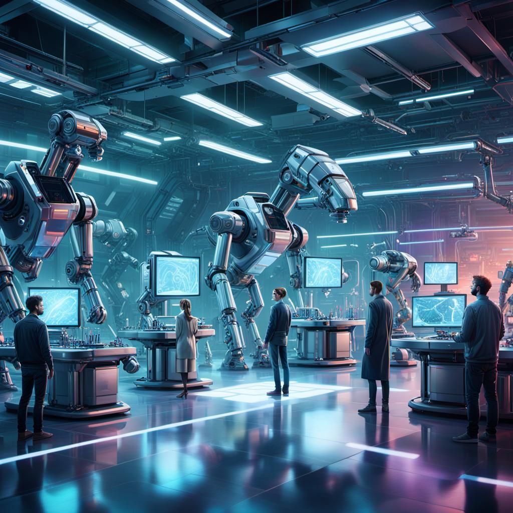 Futuristic Lab with Researchers and Robots