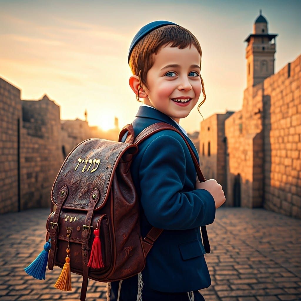 Haredi Boy Embarks on Adventure with Vibrant Backpack in Jer...