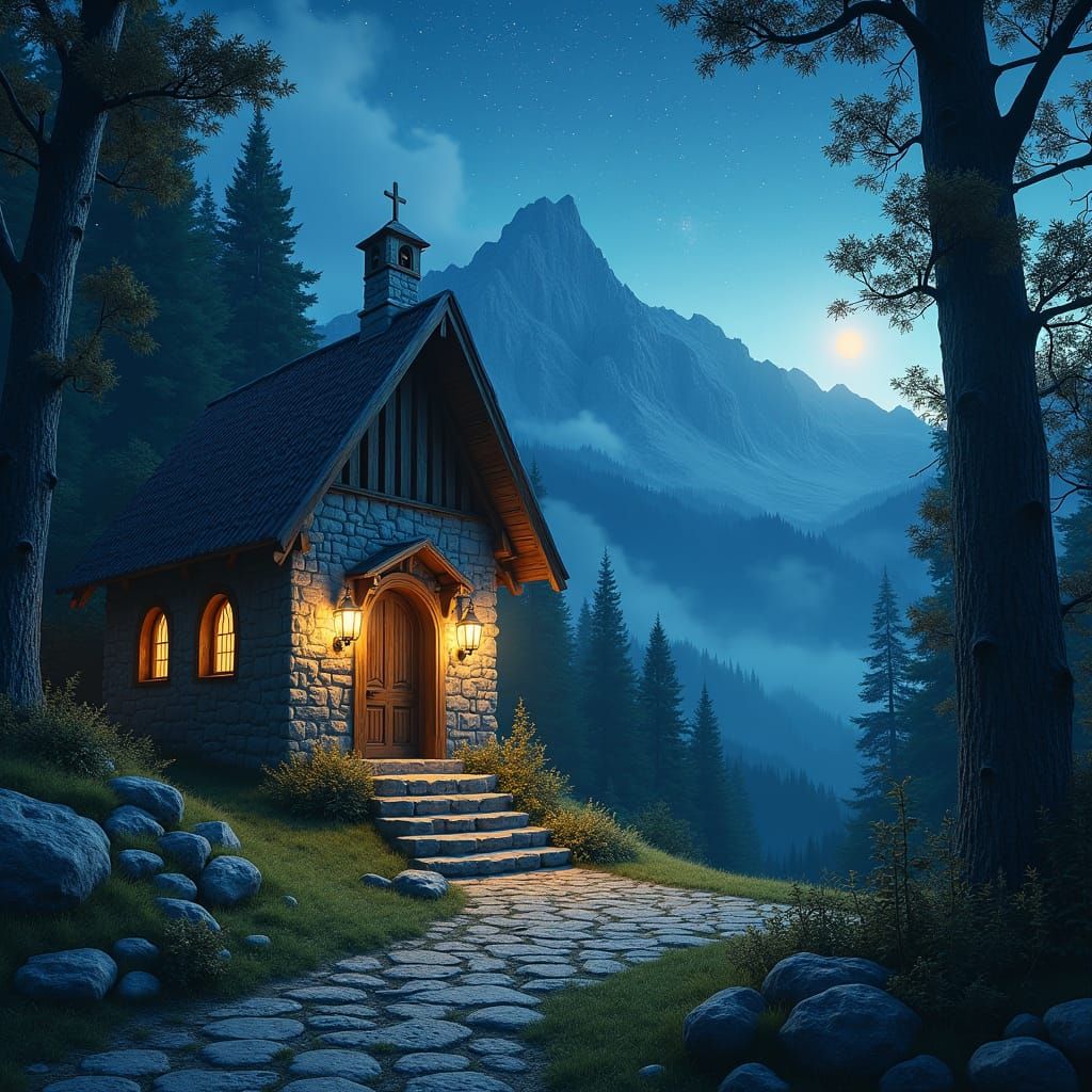 a mountain glade, beautiful, chapel, sanctuary, realistic, fantasy, night scene, starlight, photorealistic