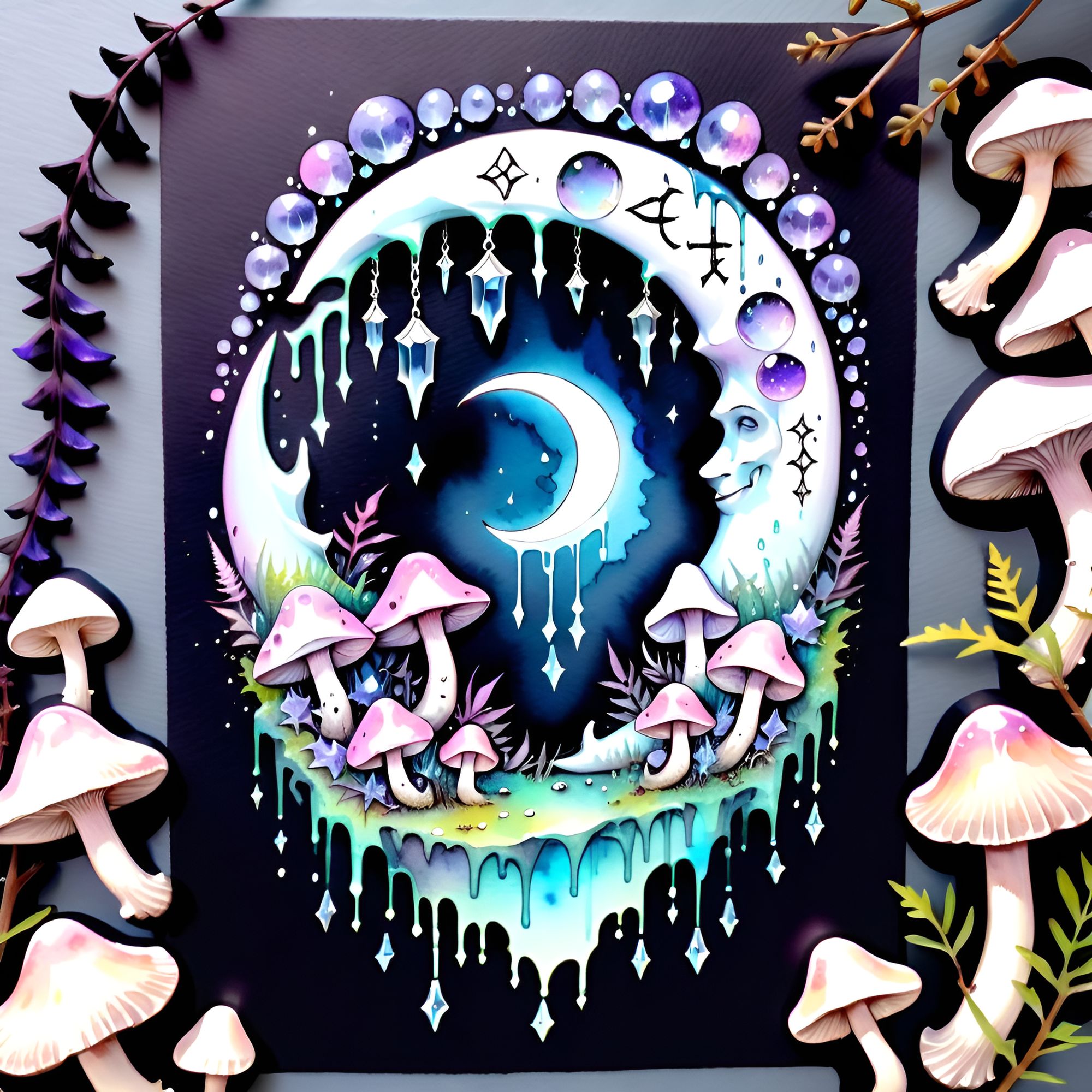 Watercolour, Crescent Moon with Crystal Clusters and Mushrooms 