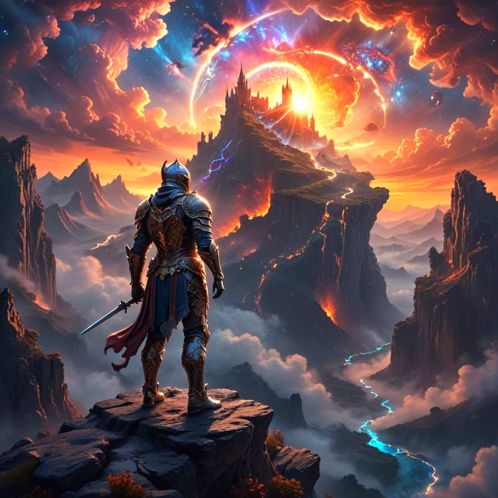 Digital art. A lone knight in ornate, glowing armor stands on a cliff overlooking a surreal, swirling nebula. Intricate details in the armor...
