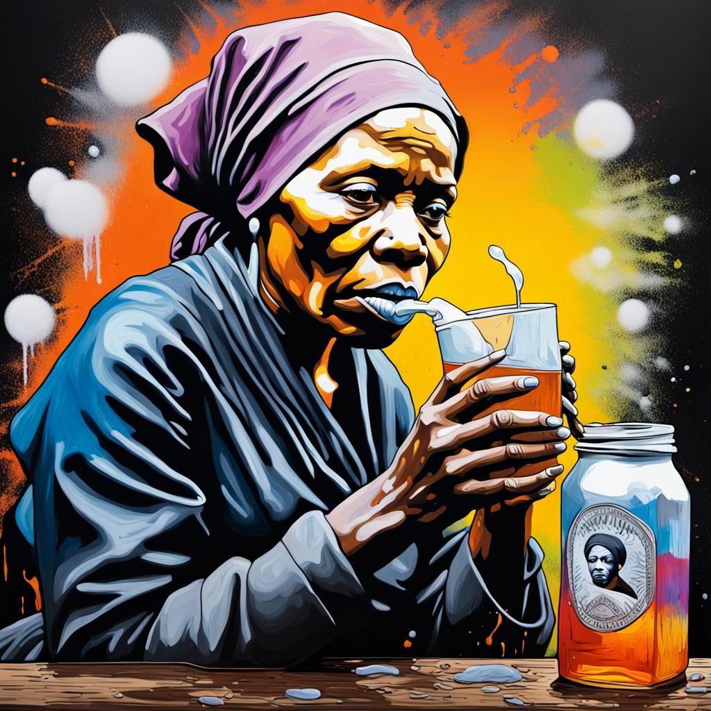 Harriet Tubman drinking moonshine graffiti art, splash art, ...