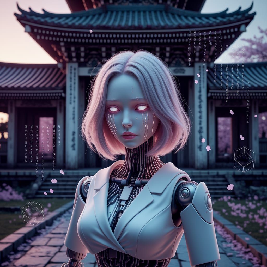 Sorrowful Android in Decaying Temple Ruins