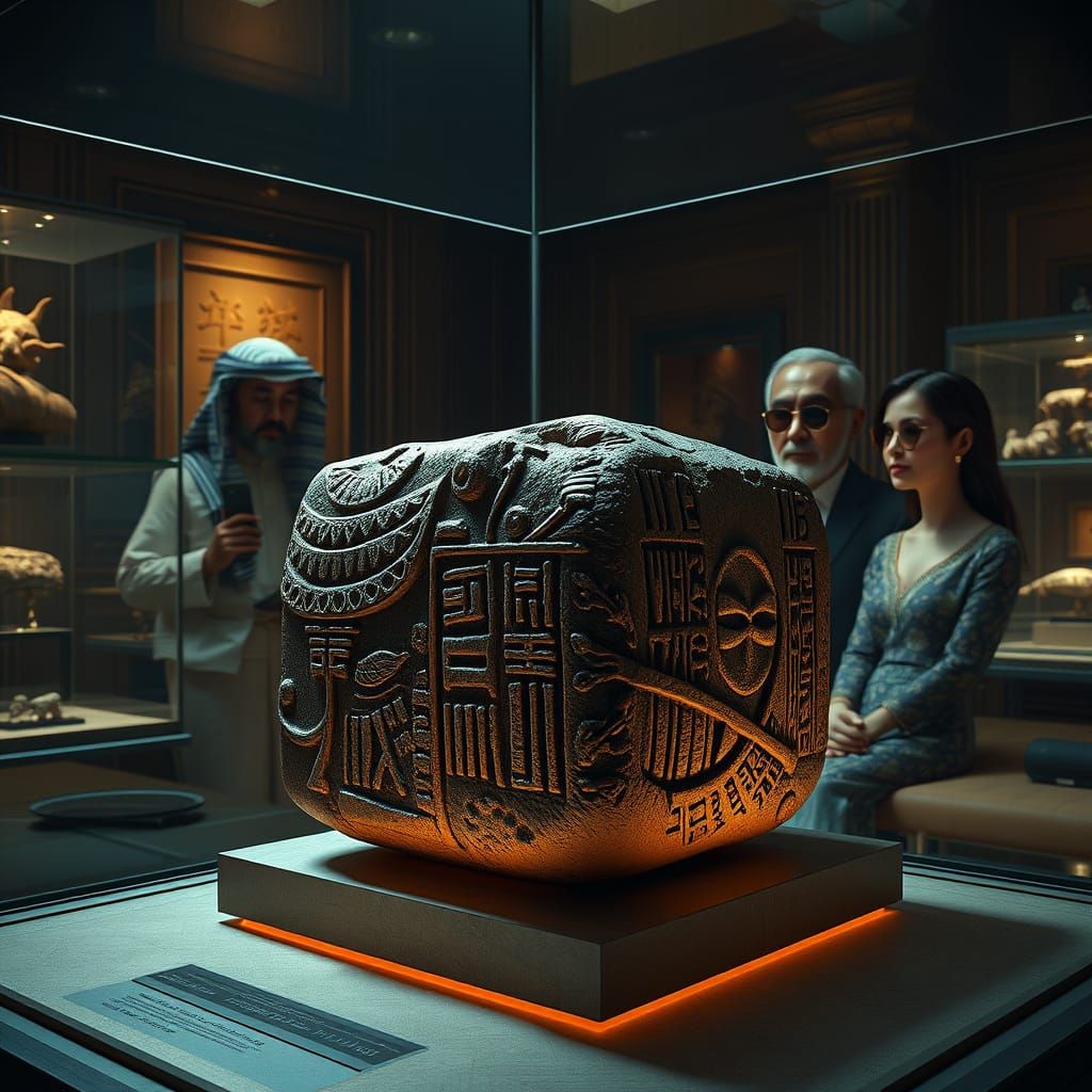 Ancient Rock Cube Display in Egyptian-Themed Chamber