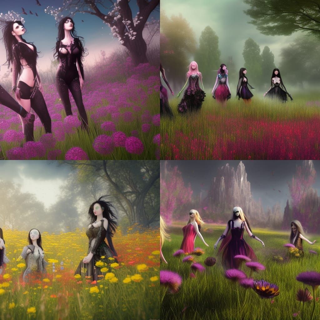 a group of goth girls in a flower meadow