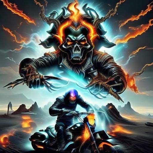 Hyperrealistic image of a glowing ghoulish demonic monster with leathery wings, rams horns, and a flaming skull head, leather jacket, riding...