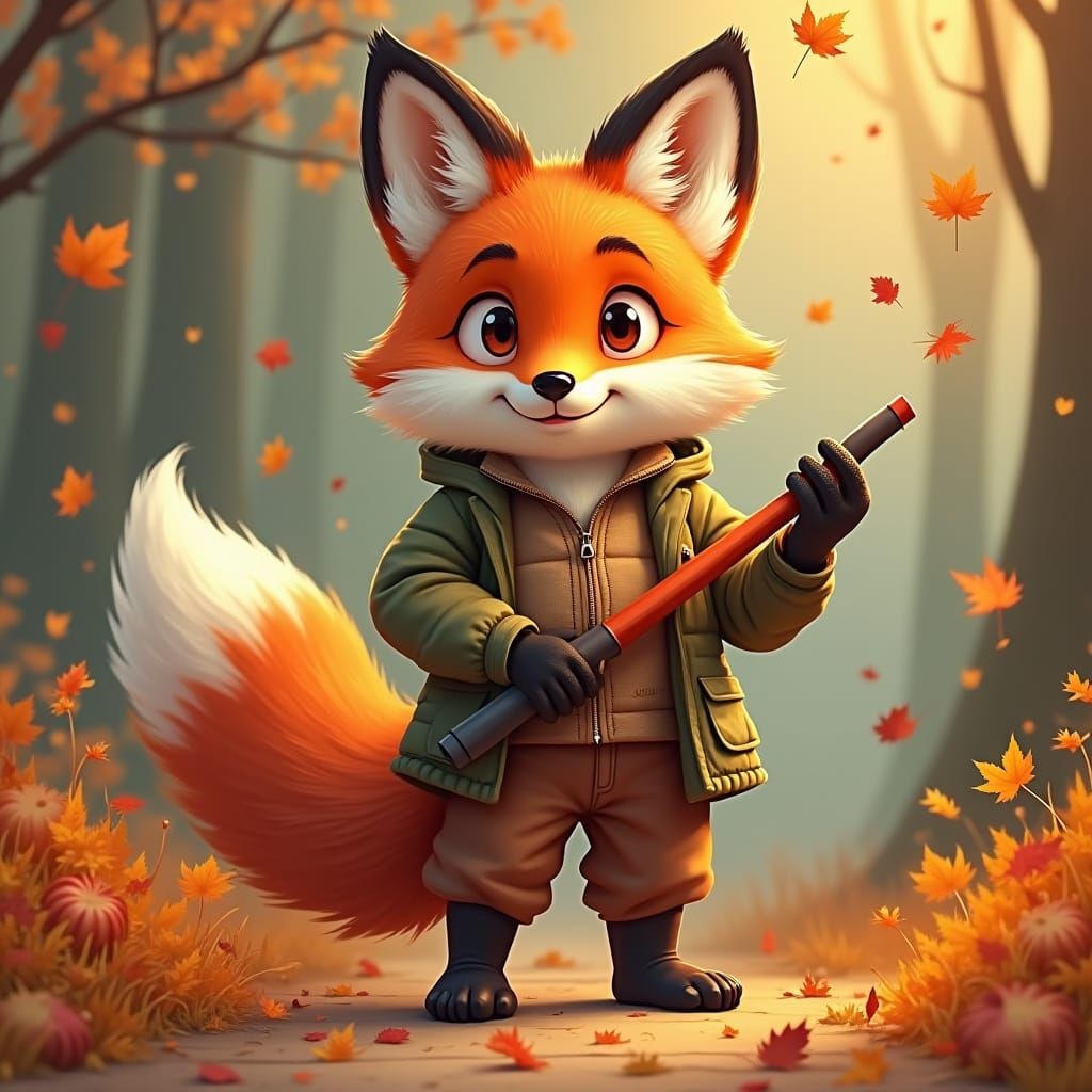 Anthropomorphic Fox as an autumn gardener with a leaf blower