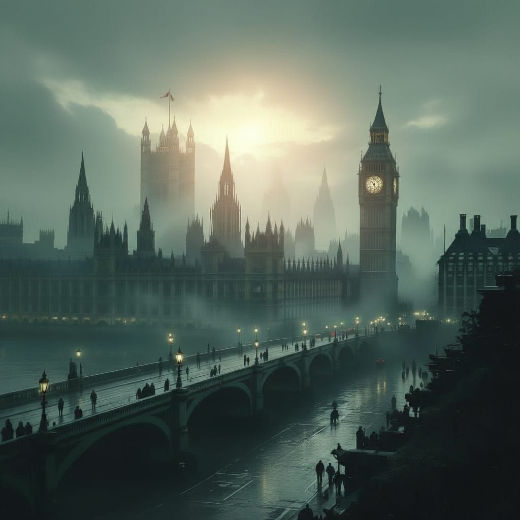 Wide angle watcher on life's ancient tales
Steeped in the history of London
Green and grey washes in a wispy white veil
Mist in the streets ...