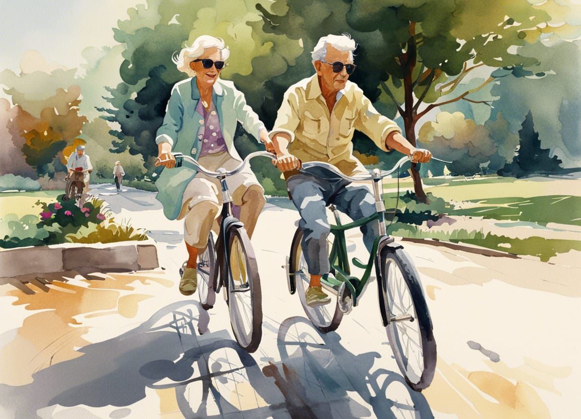 watercolor an elderly couple riding a bicycle in the park, going in the opposite direction to the camera, ...  by @Taty