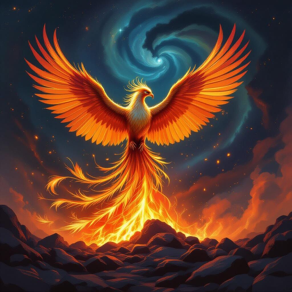Majestic Phoenix Erupts from Embers in Cosmic Fantasy Art