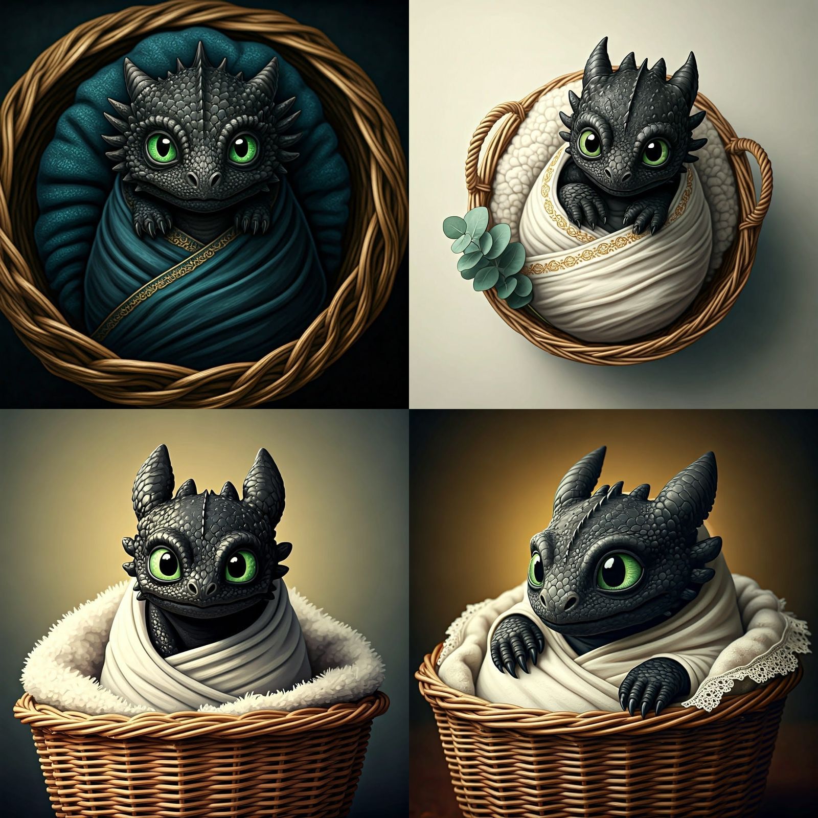 A jet-black baby dragon lays swaddled in a blanket inside a basket. It has big emerald-green eyes and looks directly at ...