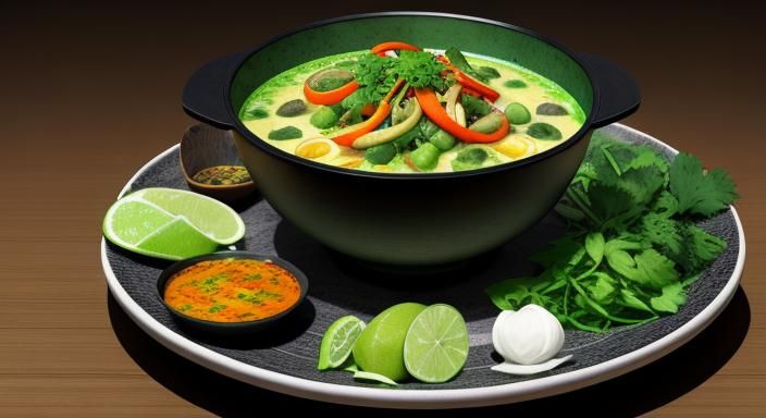 A giant bowl of green curry with all optional vegetables bac...