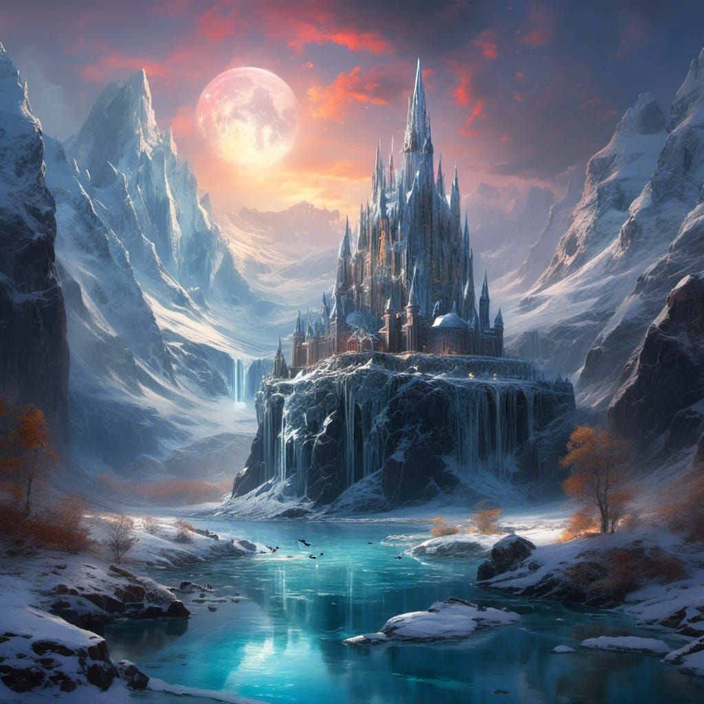 <lora:DWC:1.0> A magical floating crystallised ice castle surrounded by magic frozen streams and glacier cliffs, vibrant round moons in the...