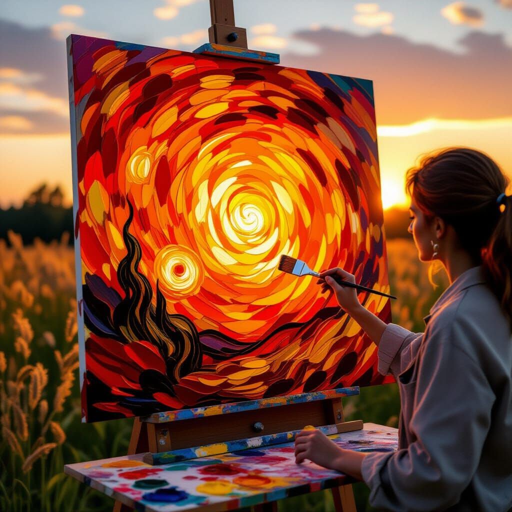 Give me something that is orange for the orange creation challenge make it really good and put it in a frame and Outside the frame a painter...