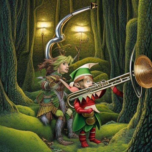 D&D elf eating a D&D elf playing a trombone inside of a rest...