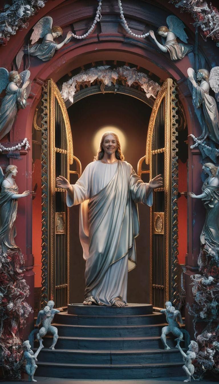 Jesus stands in the entrance welcoming all the new arrivals to the Majestic Gateway adorned with Angels Harps Pearl's an...