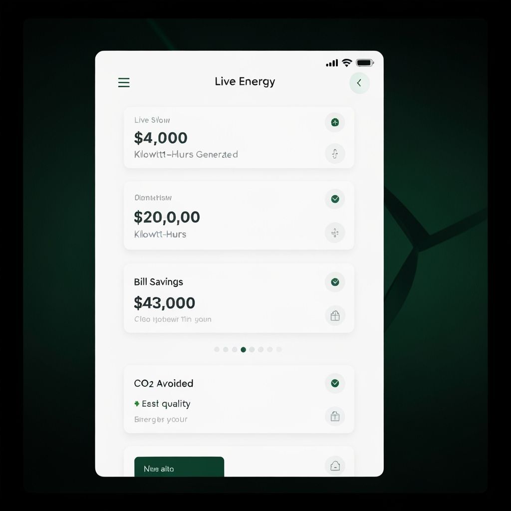 Mobile energy app UI showing live kilowatt-hours generated, bill savings, and CO₂ avoided, clean modern UI, white background, data cards, su...