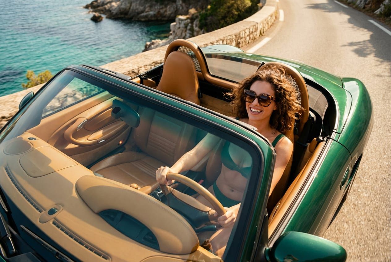 A young woman driving a Porsche Boxster