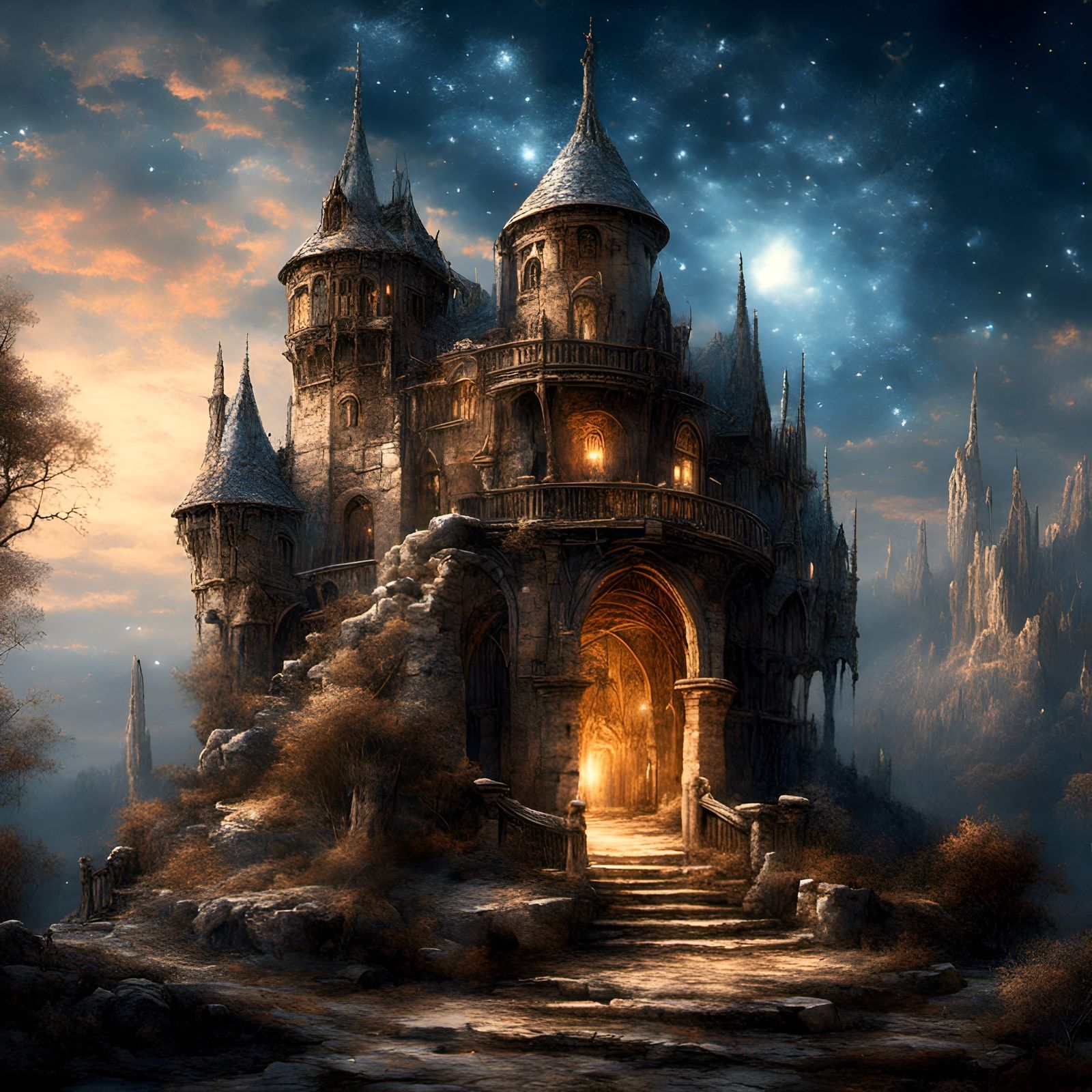 Medieval observatory, magical effect sparkling in the nigh sky, magic portal! stone architecture :: 16k :: high contrast <lora:LapiCoherent:...