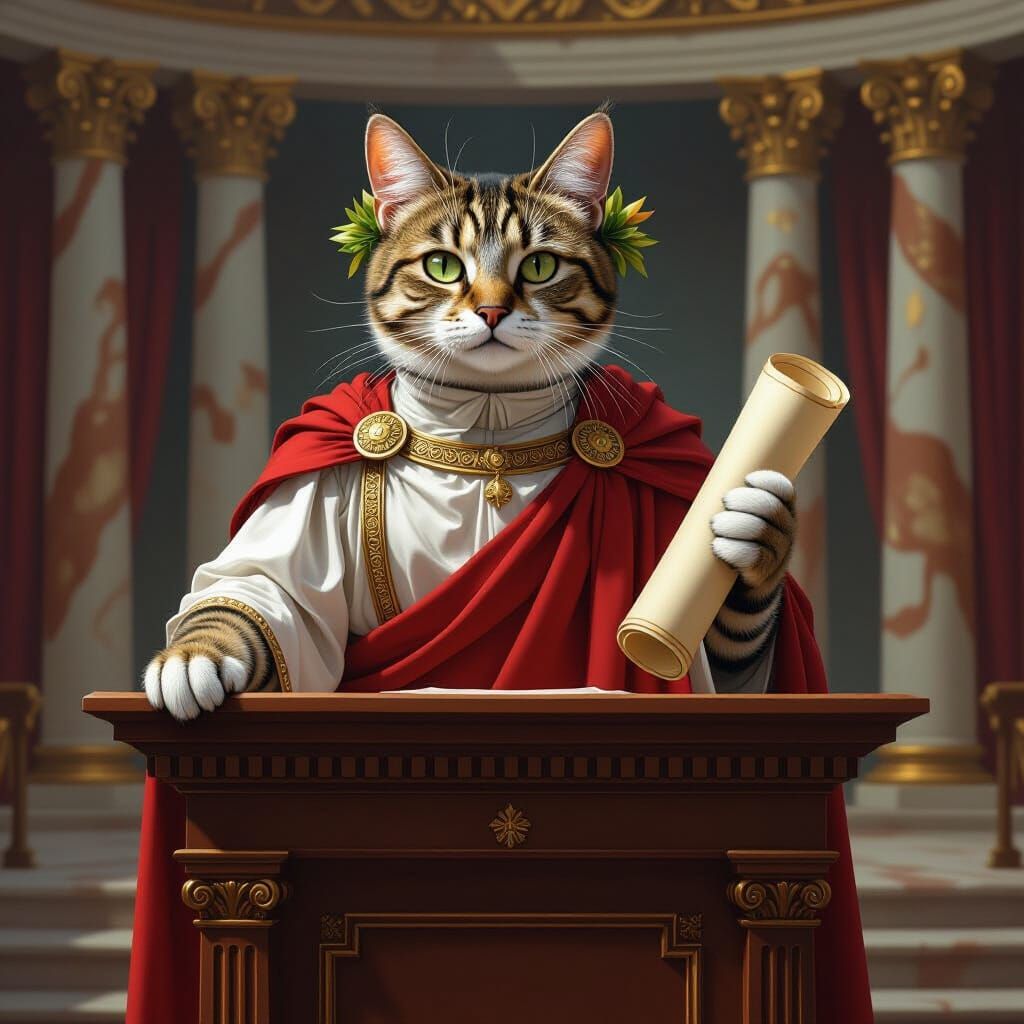 An anthropomorphic cat-senator in a toga and a laurel wreath on his head stands on the rostrum of the ...  by @Barabashka