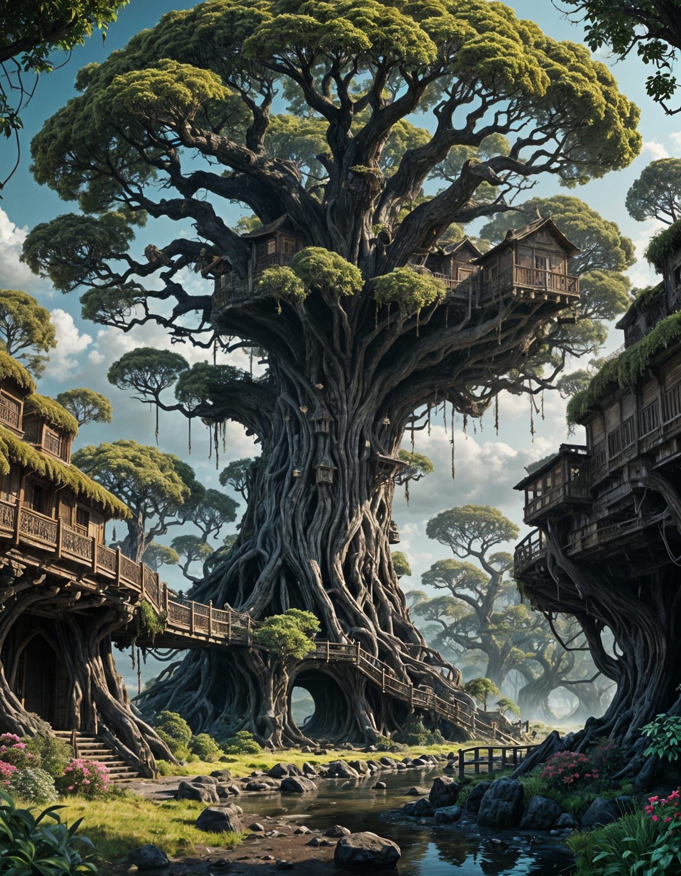 Cursed Tree with Bohemian Treehouses in Desolate Landscape