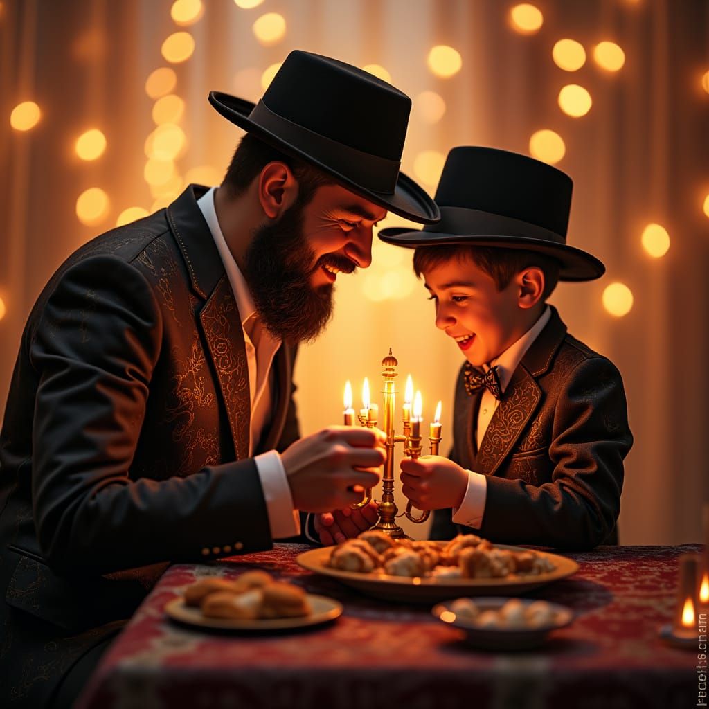 Joyful Father and Son Lighting Menorah in Dreamlike Scene