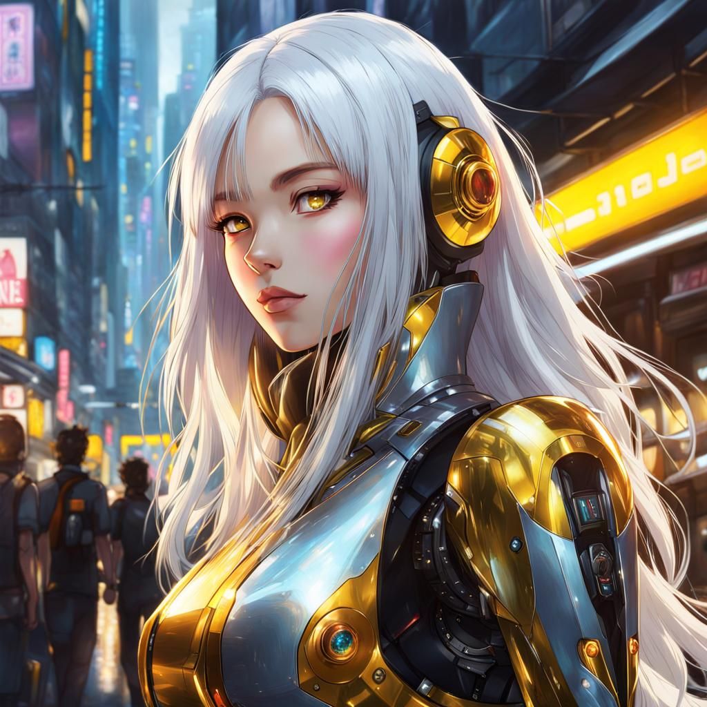 A girl with long white hair and yellow eyes in a robot suit - AI ...