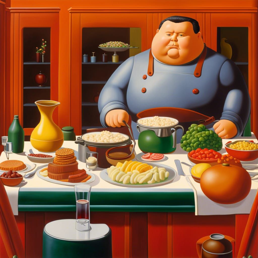 Fernando Botero prepairing diet meal by Per. - AI Generated Artwork ...