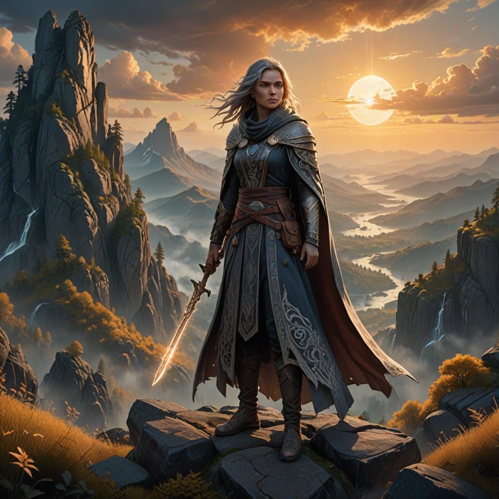 Ethereal Warrior Goddess on Mystic Mountain Peak