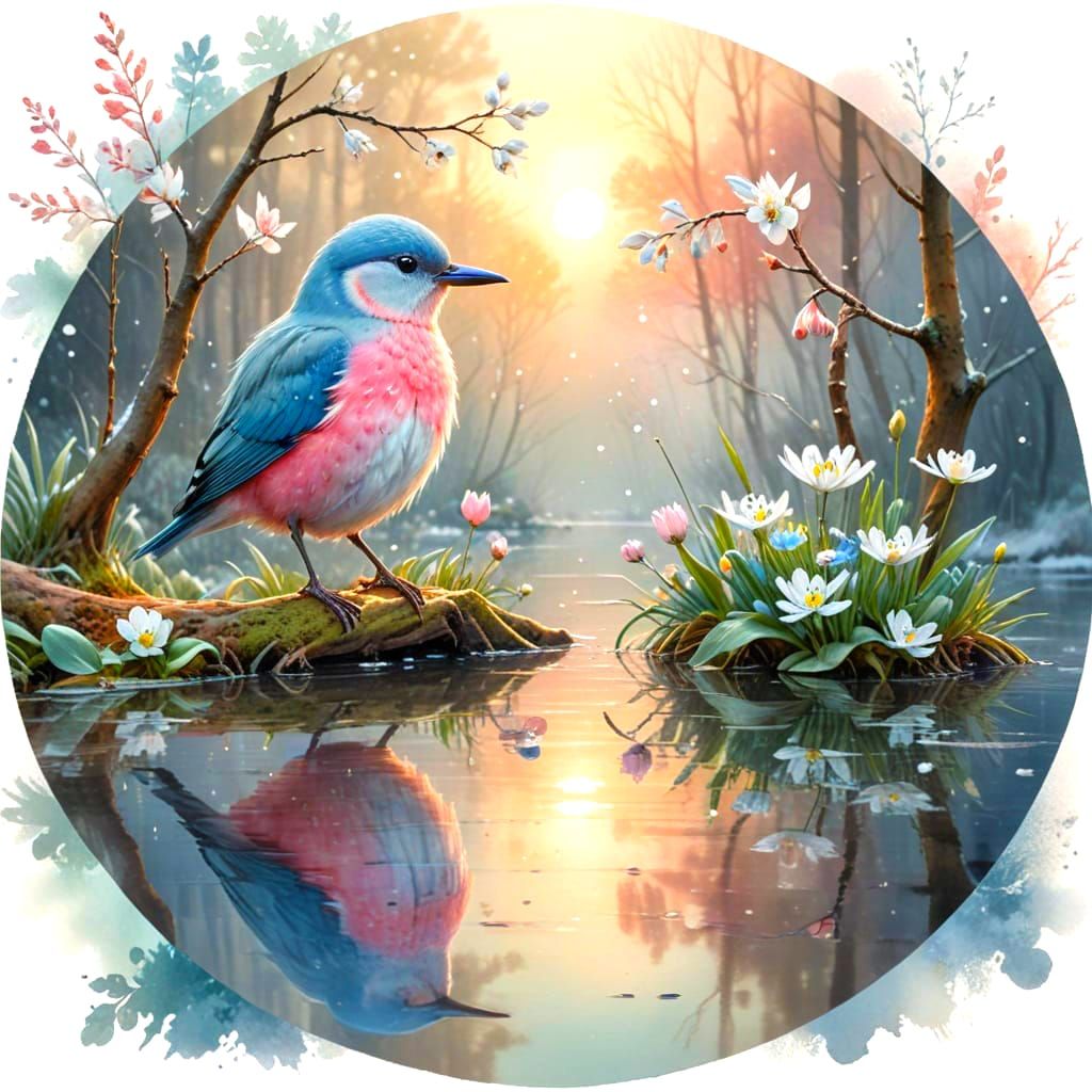 Whimsical Pastel Bird on Snowy Branch