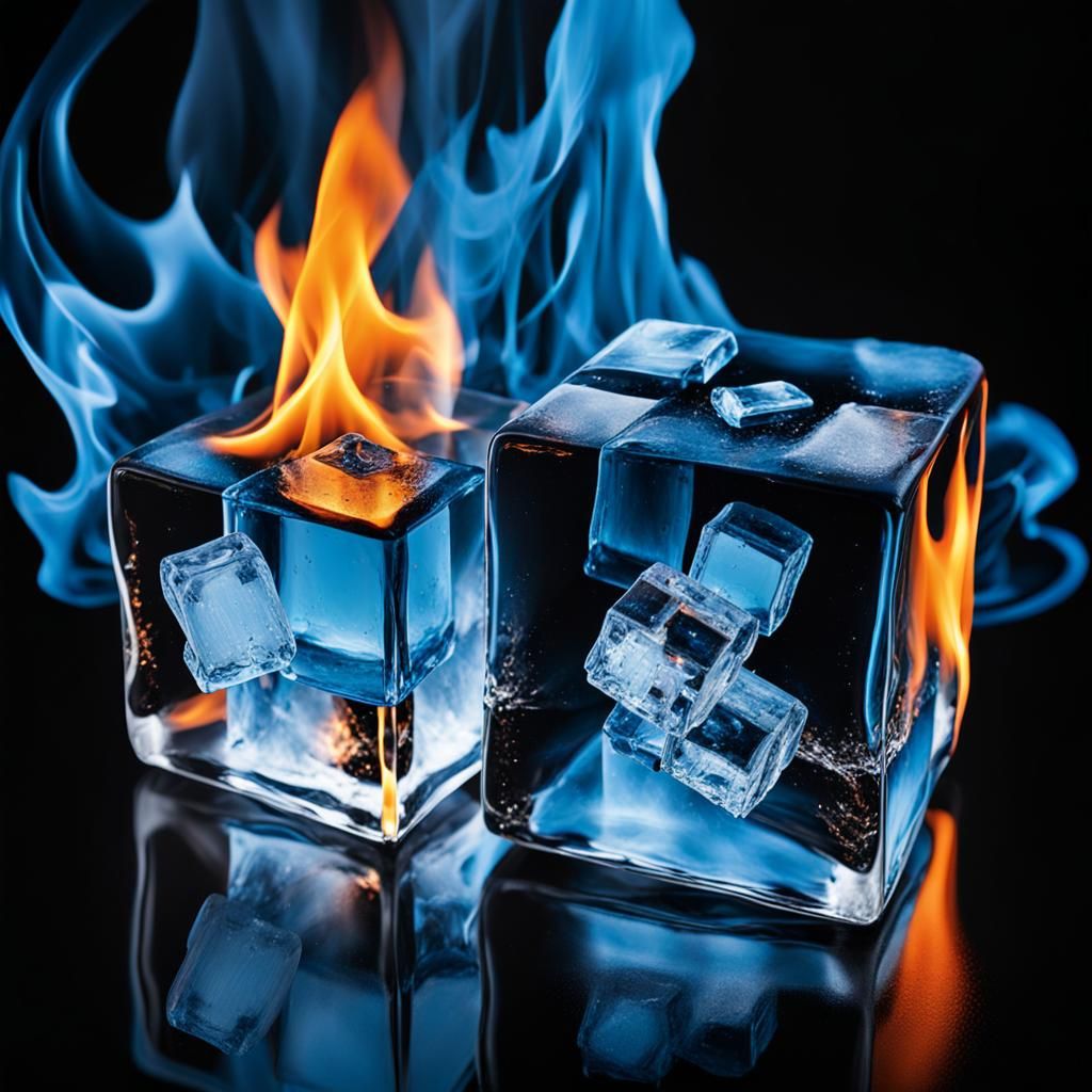 The impressive image of a bluish ice cube and a fire cube fr...