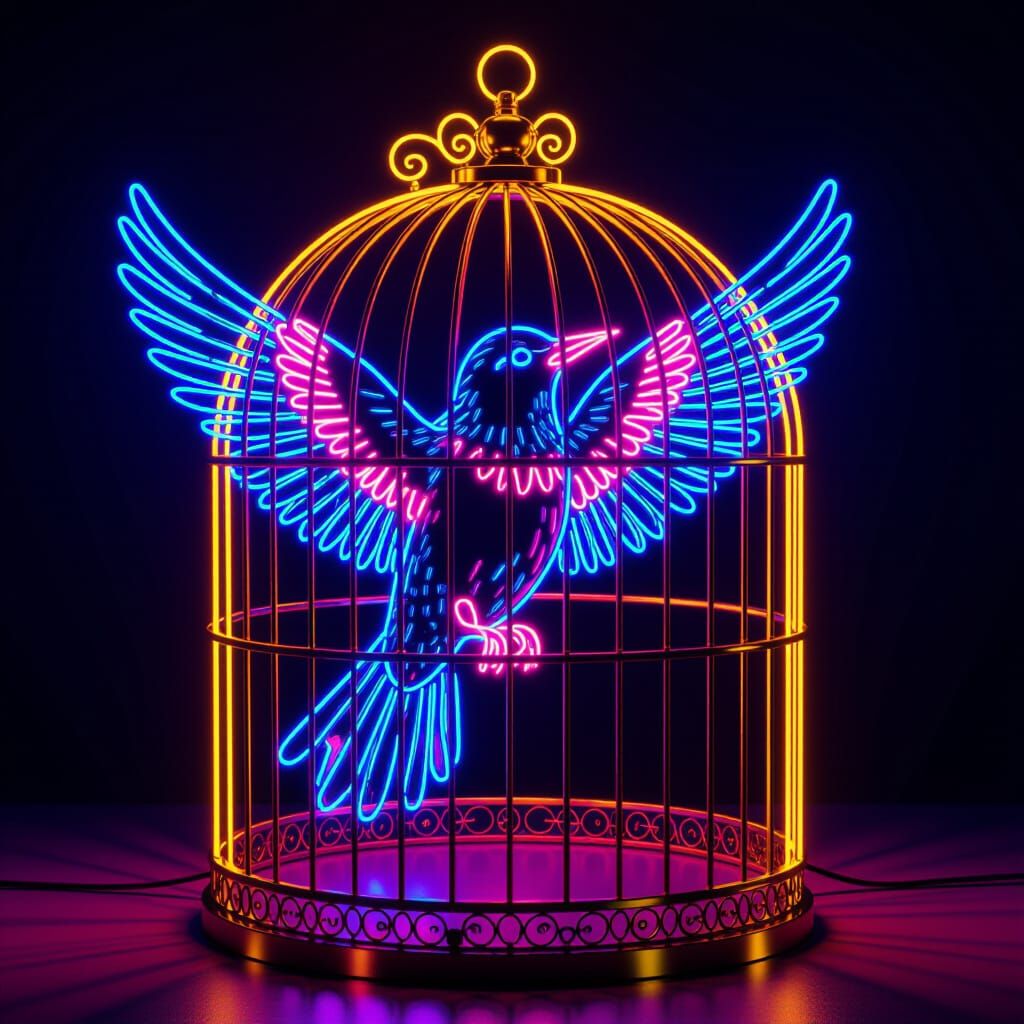 Neon Bird Sculpture in Golden Cage