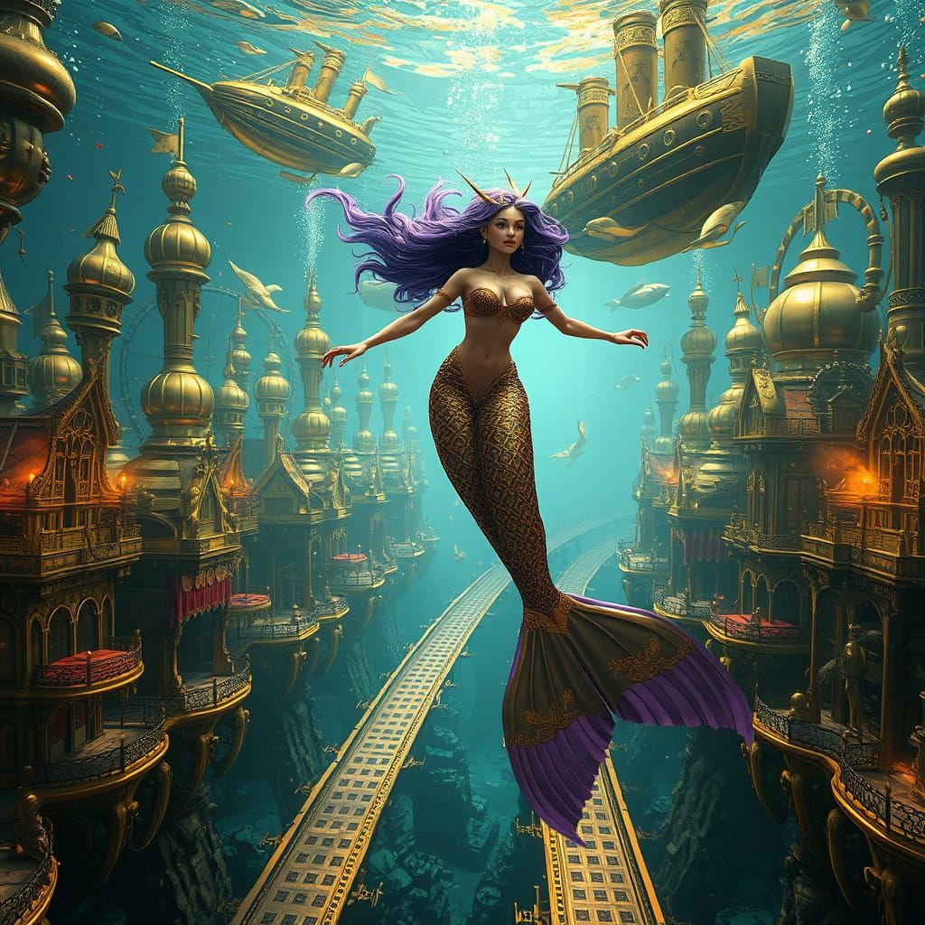 Surreal Steampunk Mermaid Cityscape in Intricately Detailed ...