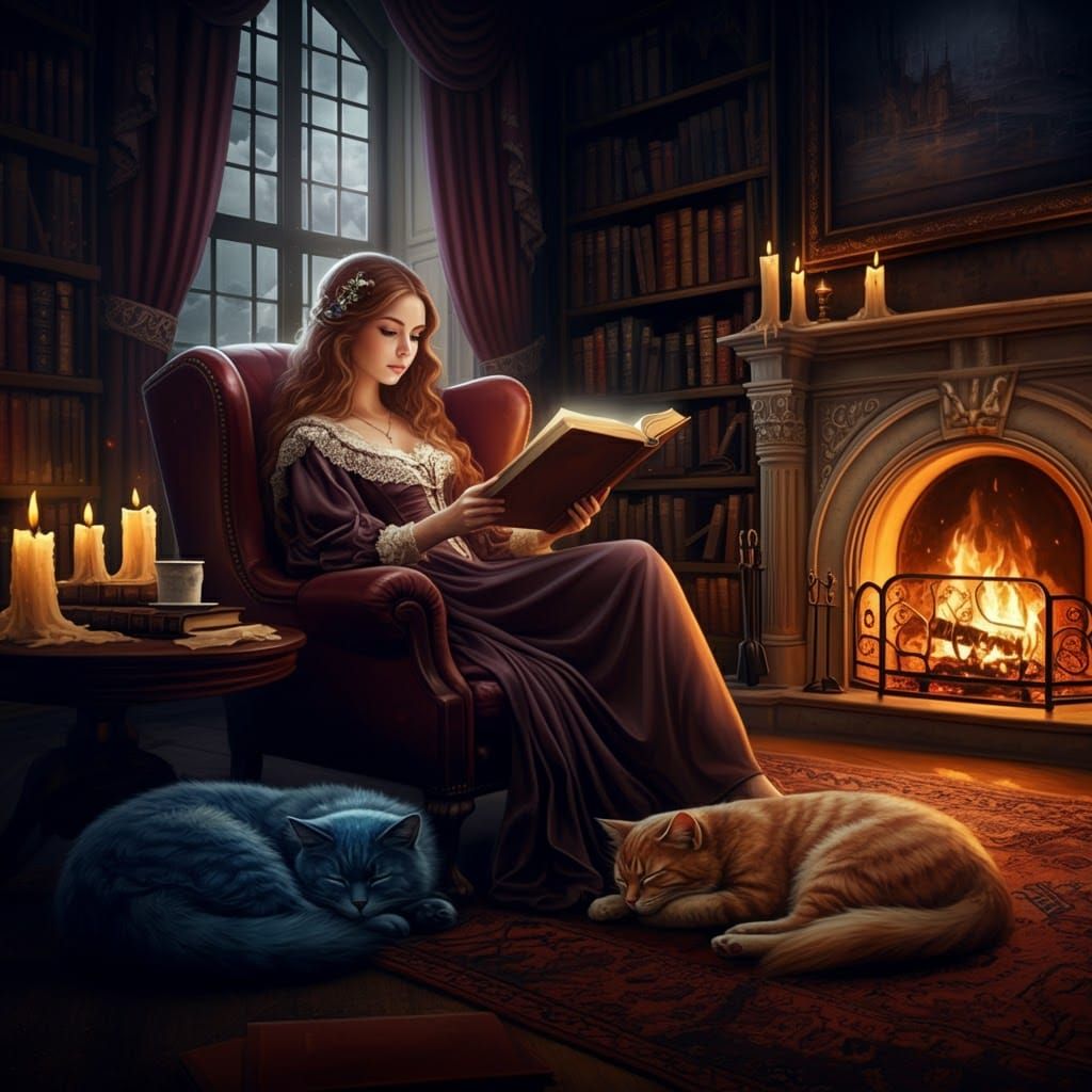 Reading in an old fashioned home library lit by candles and an old open fireplace with 2 large cats dozing in front while a storm rages outs...