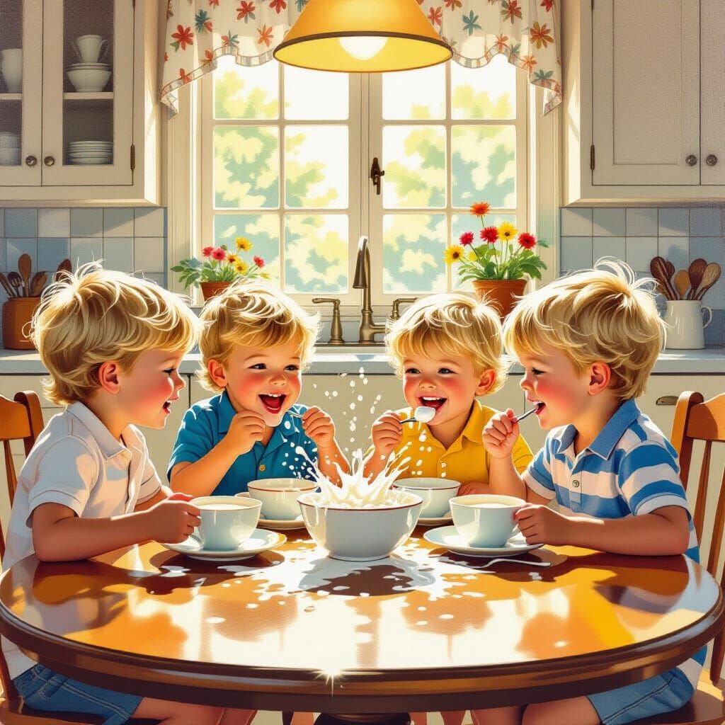 Joyful Boys Eating Cereal in Luxurious Kitchen