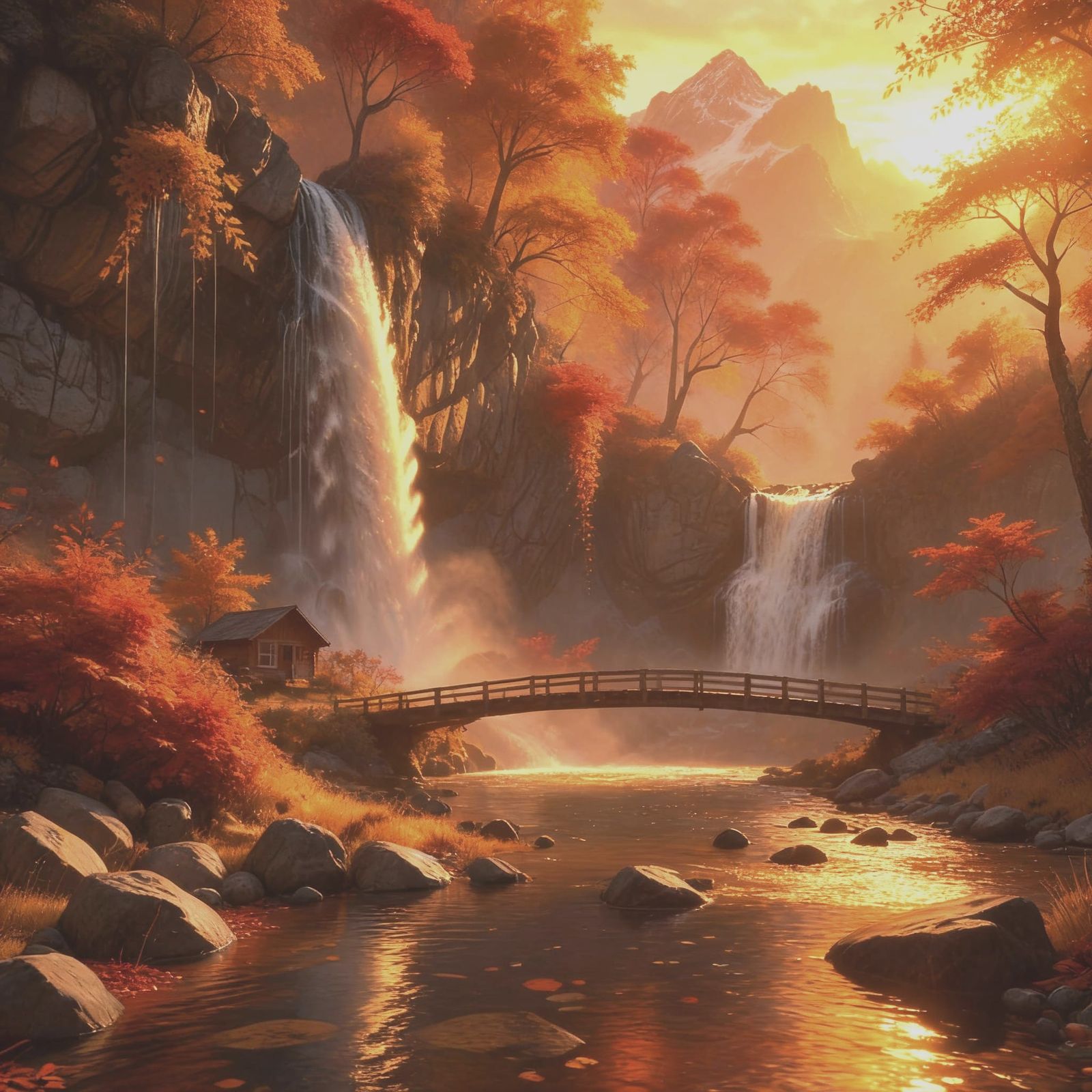 Autumn Waterfall Scene with Misty Mountains