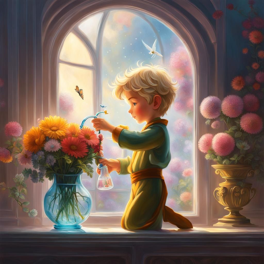 Little Prince waters his flowers.