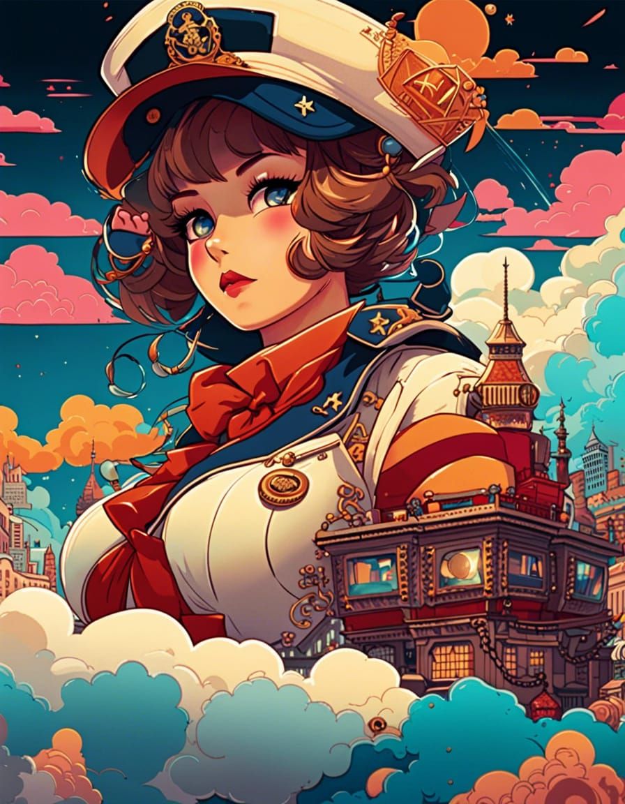 Clouds, warm colors, Old fashioned city,anime girl in sailor...