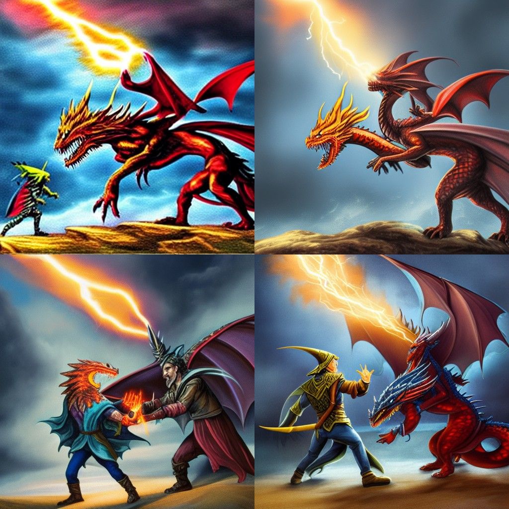 Wizard fighting a dragon with lightning
