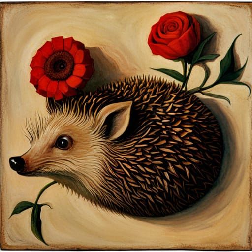 Hedgehog lays out a flower ornament on the wall of a madhous...
