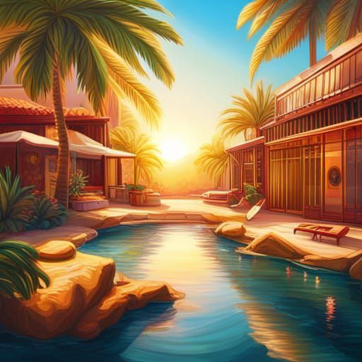 Tropical pool surrounded by palm trees, desert scene, sunshine, warm colours  by @19ck3d79