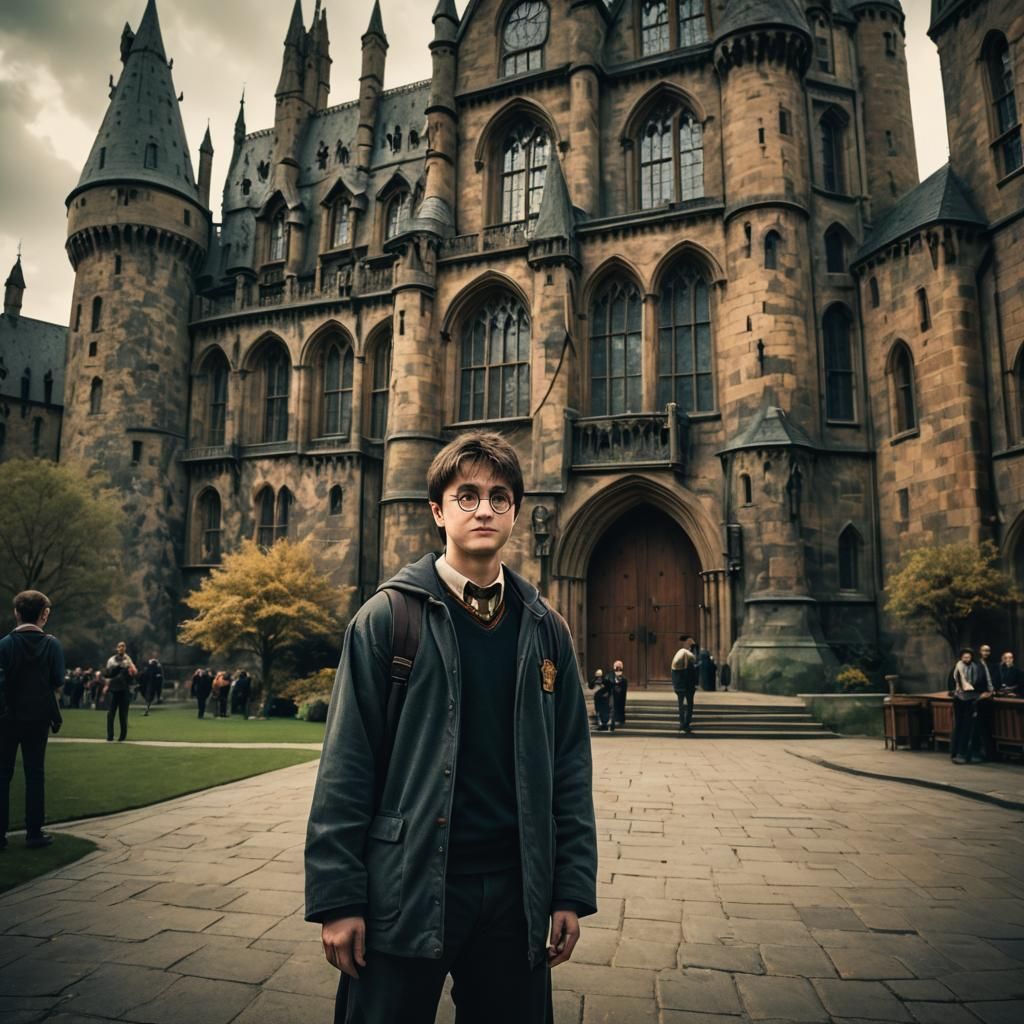 Harry Potter standing in front of Hogwarts