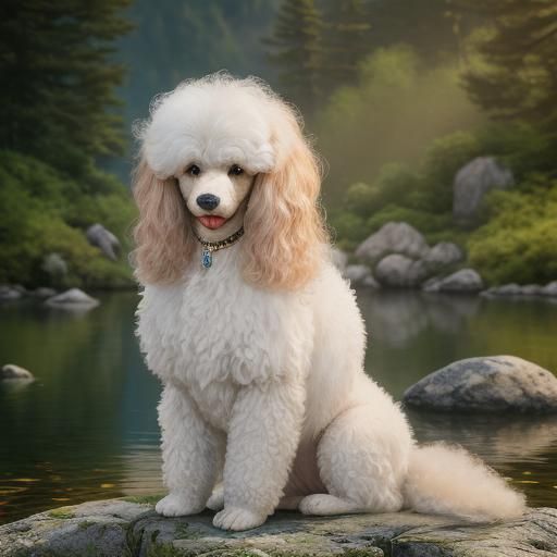 📸🐩🏞️ Craft a lifelike portrayal of a White Poodle 🐩 with...