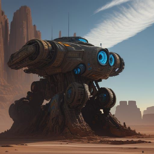 Robotic Alien Exploring Desolate Desert Landscape