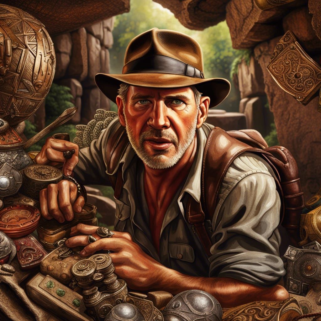 Indiana Jones plundering Ancient treasures intricately detai...