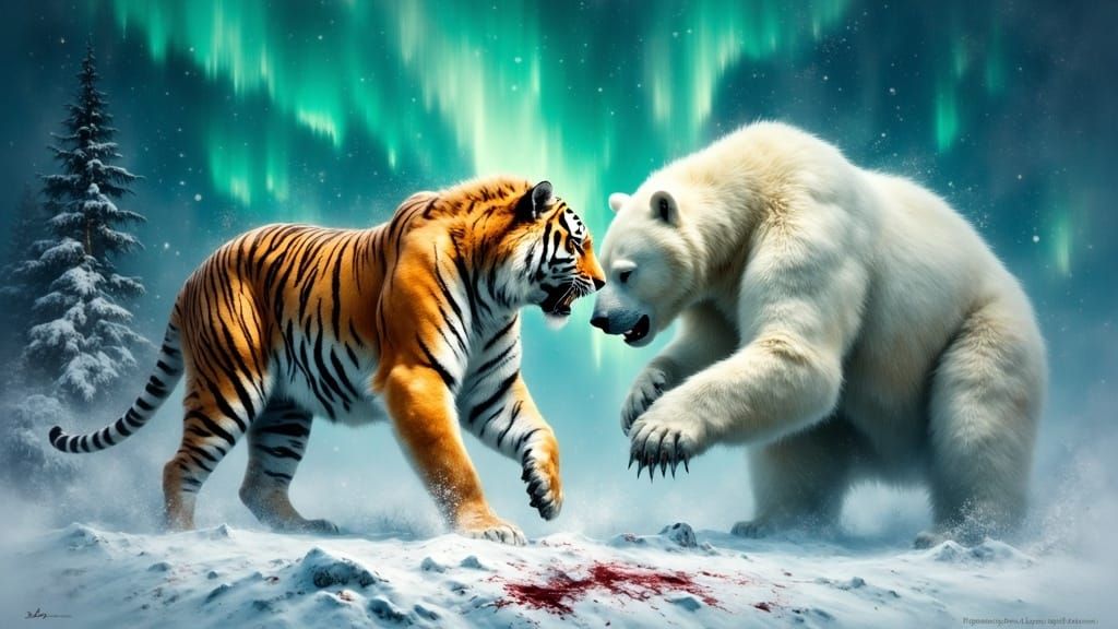 <lora:EtherealVisionsFlux:1.0> טיגריס סיבירי בשלג בדו קרב עם דוב לבן והם זבים דם וברקע אורות הצפון